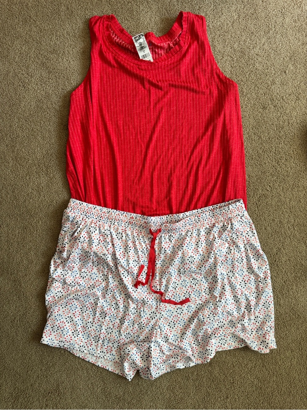 Red Ribbed Tank & Printed Sleep Shorts Pajama Set